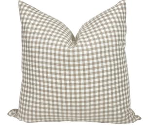 Pillow Cover 100% Linen 20 x 20 inches Double Sided Block Print with Zipper for Easy Removal Home Decor Shabby Chic Farmhouse Neutral Decorative Sofa Couch Accent (Plaid White Grey)