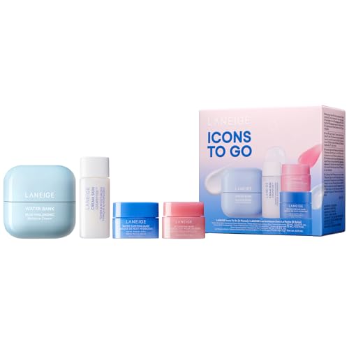 LANEIGE Icons To Go & Besties Set: Water Bank Cream, Cream Skin, Water Sleeping Mask, Lip Sleeping Mask, Hyaluronic Acid, Squalane, Coconut Oil, Vitamin C, Travel Friendly