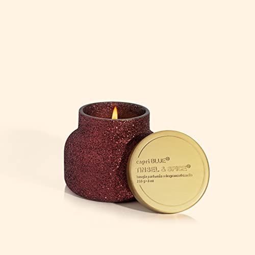 Capri Blue Tinsel & Spice Holiday Candle - Signature Glam Jar Candle - Juniper Berry, Cinnamon & Vanilla Scented Candles - Soy Wax Blend - Christmas Decor - Maroon Glitter Candle Holder (19 oz)