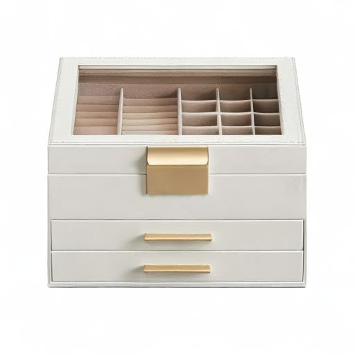 SONGMICS Jewelry Box with Glass Lid, 3-Layer Jewelry Organizer, 2 Drawers, for Big and Small Jewelry, Jewelry Storage, Modern Style, 8 x 9.1 x 5.3 Inches, Cloud White and Gold Color UJBC239WT