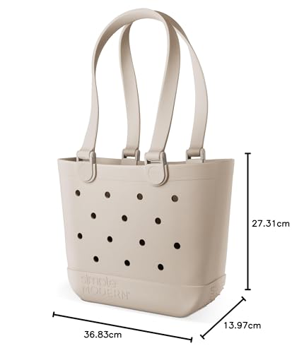Simple Modern Beach Bag Rubber Tote | Waterproof Medium Tote Bag with Zipper Pocket for Pool, Groceries, Sports | Gifts For Women | Getaway Bag Collection | Almond Birch