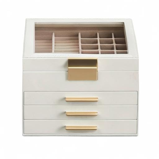 SONGMICS Jewelry Box with Glass Lid, 3-Layer Jewelry Organizer, 2 Drawers, for Big and Small Jewelry, Jewelry Storage, Modern Style, 8 x 9.1 x 5.3 Inches, Cloud White and Gold Color UJBC239WT
