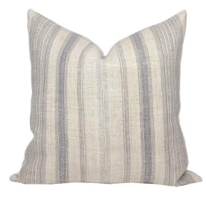 Pillow Cover 100% Linen 20 x 20 inches Double Sided Block Print with Zipper for Easy Removal Home Decor Shabby Chic Farmhouse Neutral Decorative Sofa Couch Accent (Plaid White Grey)