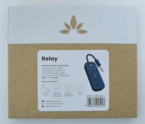 Avantree Relay - Premium Airplane Bluetooth 5.3 Adapter, Supports 2 AirPods or Headphones with aptX-Low Latency - 3.5mm AUX Jack Wireless Audio Transmitter for Planes, Travel, Airline, TV, Gym, Tablet