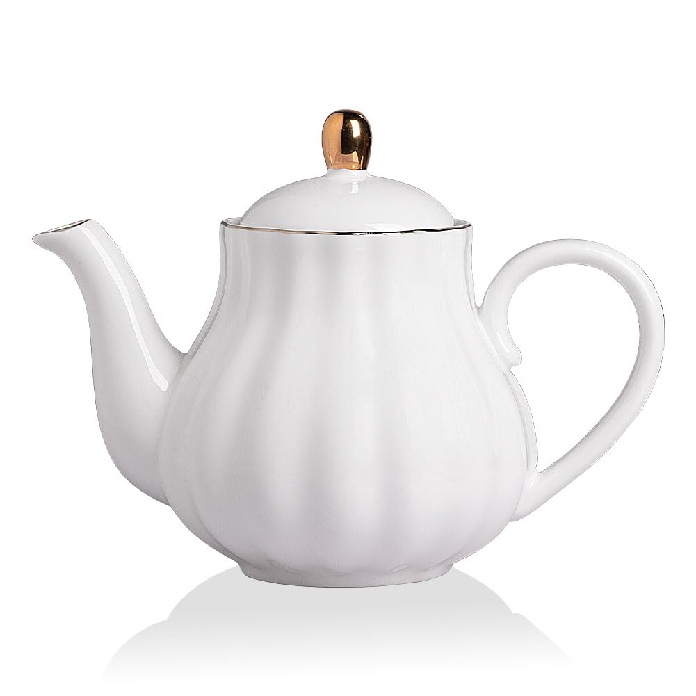Sweejar Royal Teapot, Ceramic Tea Pot with Removable Stainless Steel Infuser, Blooming & Loose Leaf Teapot - 28 Ounce(White)