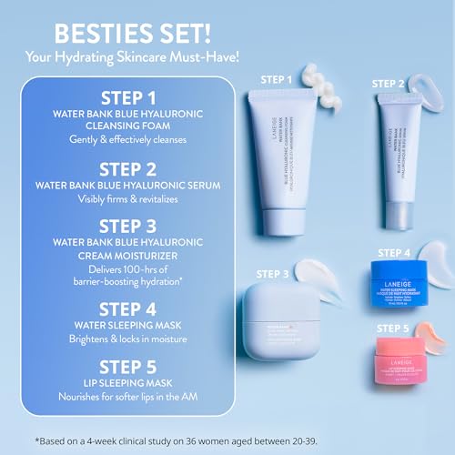 LANEIGE Icons To Go & Besties Set: Water Bank Cream, Cream Skin, Water Sleeping Mask, Lip Sleeping Mask, Hyaluronic Acid, Squalane, Coconut Oil, Vitamin C, Travel Friendly