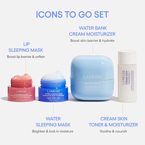 LANEIGE Icons To Go & Besties Set: Water Bank Cream, Cream Skin, Water Sleeping Mask, Lip Sleeping Mask, Hyaluronic Acid, Squalane, Coconut Oil, Vitamin C, Travel Friendly