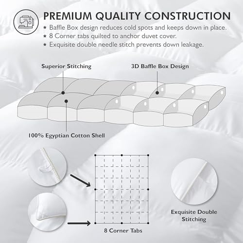 Luxurious Queen Size Goose Down Fiber Waterfowl Feather Fiber Comforter Duvet, 100% Egyptian Cotton Cover, 48 oz. Fill Weight, Baffle Box Design, White Solid