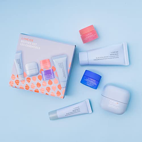 LANEIGE Icons To Go & Besties Set: Water Bank Cream, Cream Skin, Water Sleeping Mask, Lip Sleeping Mask, Hyaluronic Acid, Squalane, Coconut Oil, Vitamin C, Travel Friendly