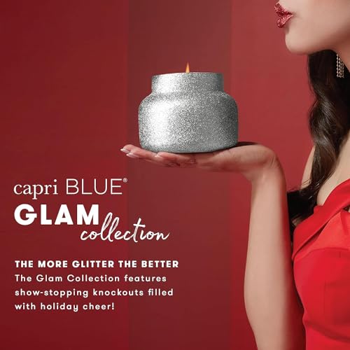 Capri Blue Tinsel & Spice Holiday Candle - Signature Glam Jar Candle - Juniper Berry, Cinnamon & Vanilla Scented Candles - Soy Wax Blend - Christmas Decor - Maroon Glitter Candle Holder (19 oz)