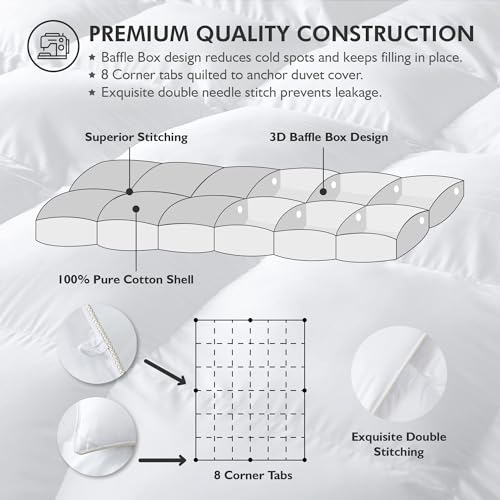 Luxurious Queen Size Goose Down Fiber Waterfowl Feather Fiber Comforter Duvet, 100% Egyptian Cotton Cover, 48 oz. Fill Weight, Baffle Box Design, White Solid