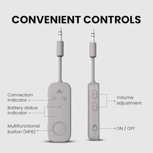 Avantree Relay - Premium Airplane Bluetooth 5.3 Adapter, Supports 2 AirPods or Headphones with aptX-Low Latency - 3.5mm AUX Jack Wireless Audio Transmitter for Planes, Travel, Airline, TV, Gym, Tablet