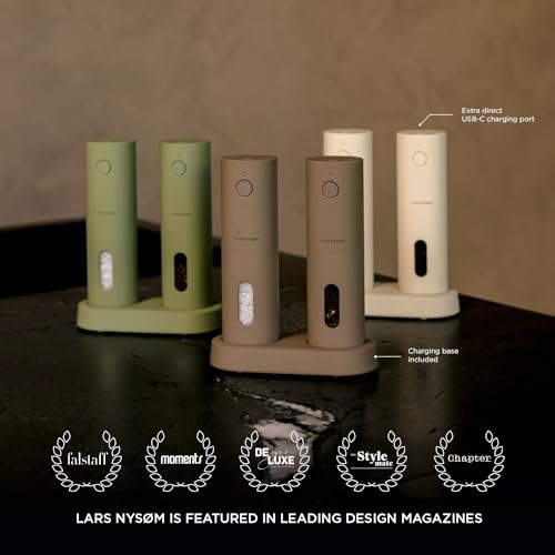 LARS NYSØM Electric Salt and Pepper Grinder Set I Automatic Salt and Pepper Mills with Adjustable Ceramic Grinder I USB Rechargeable Electric Spice Grinder Set (Almond Beige)