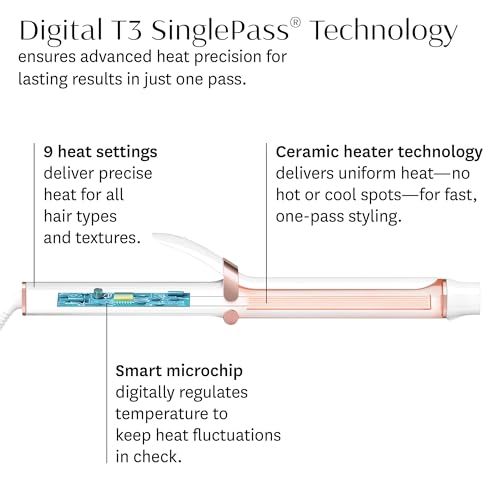 T3 SinglePass Curl X Extra-Long Barrel Curling Iron with 9 Heat Settings and Ceramic Barrel for Fast Styling and Lasting Curl Results on All Hair Types