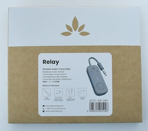 Avantree Relay - Premium Airplane Bluetooth 5.3 Adapter, Supports 2 AirPods or Headphones with aptX-Low Latency - 3.5mm AUX Jack Wireless Audio Transmitter for Planes, Travel, Airline, TV, Gym, Tablet