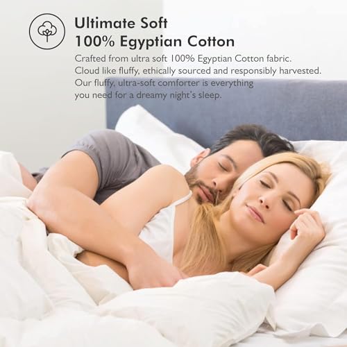 Luxurious Queen Size Goose Down Fiber Waterfowl Feather Fiber Comforter Duvet, 100% Egyptian Cotton Cover, 48 oz. Fill Weight, Baffle Box Design, White Solid