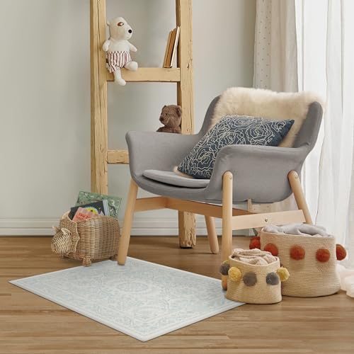 RUGGABLE Washable 2x3 Area Rug, Delphina Delft Blue, Premium Vintage Rugs for Living Room, Bedroom, Kitchen, Office, Classroom with Gripper Non Slip Pad