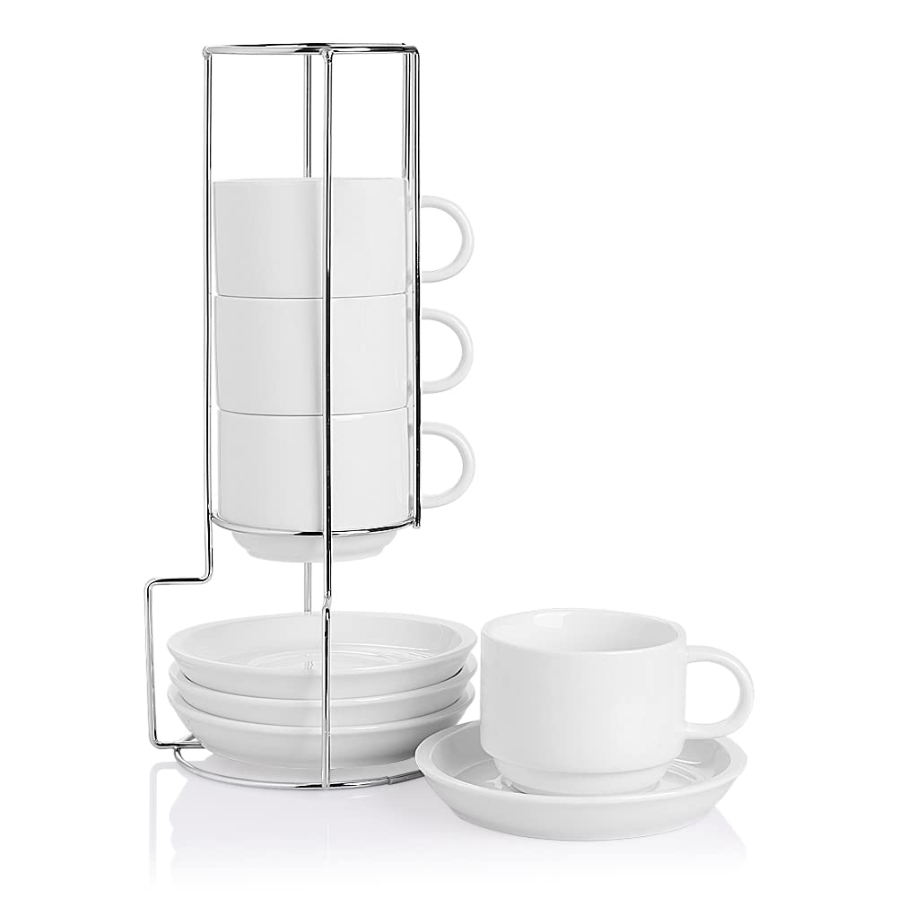 Sweejar Porcelain Espresso Cups with Saucers, 2.5 Ounce Stackable Cappuccino Cups with Metal Stand for Coffee Drinks, Latte, Tea - Set of 4 (Black)