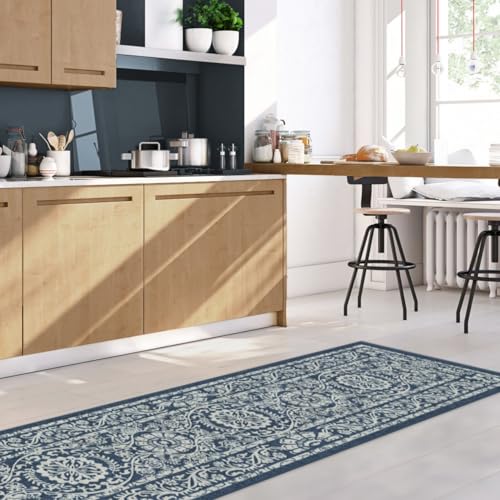 RUGGABLE Washable 2x3 Area Rug, Delphina Delft Blue, Premium Vintage Rugs for Living Room, Bedroom, Kitchen, Office, Classroom with Gripper Non Slip Pad