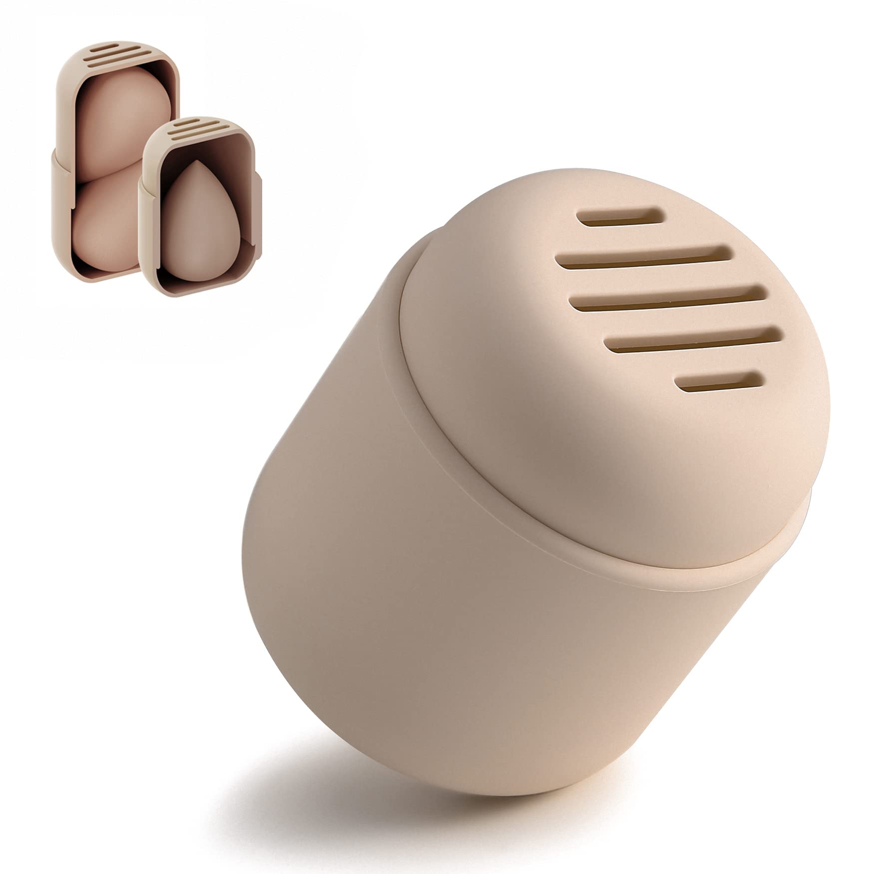 BEZOX Makeup Sponge Holder, Silicone Beauty Sponge Case with Double-Sided Vent Design for Quick Drying, Compact Travel Essentials Make Up Blender Container - Khaki