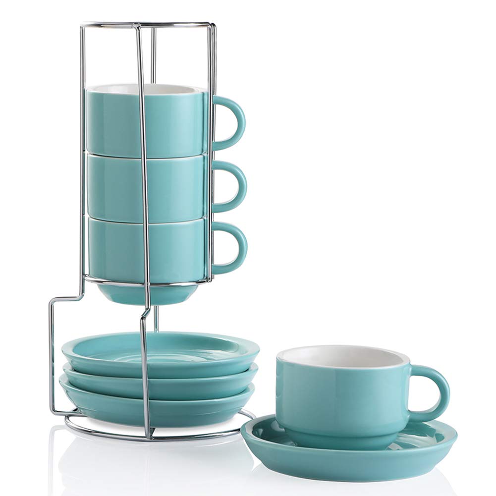 Sweejar Porcelain Espresso Cups with Saucers, 2.5 Ounce Stackable Cappuccino Cups with Metal Stand for Coffee Drinks, Latte, Tea - Set of 4 (Black)