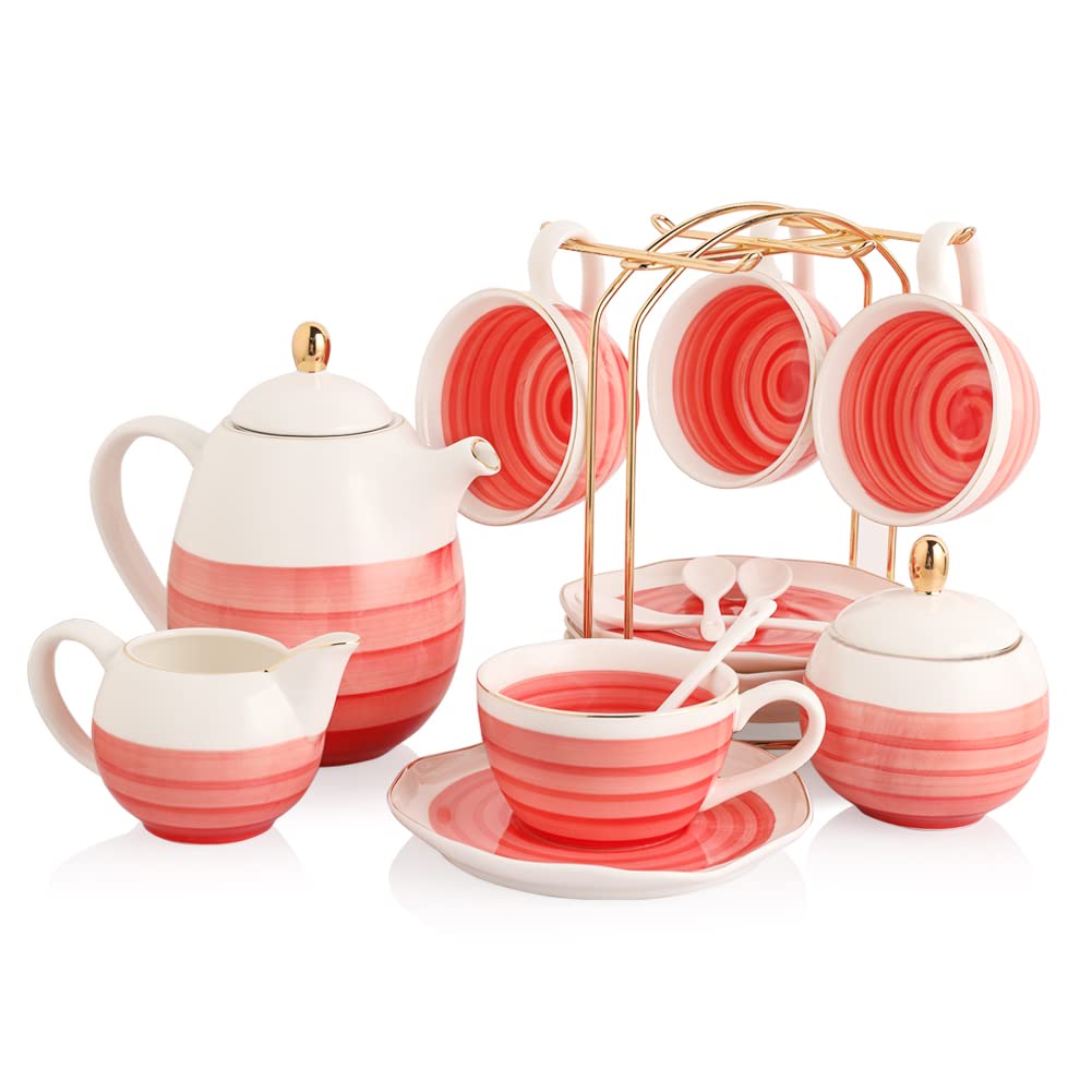 Sweejar Porcelain Tea Sets, 8 OZ Cups & Saucer Service for 4, Teapot Sugar Bowl Cream Pitcher Teaspoons and Tea Strainer for Adult Tea Coffee Afternoon Party(Blue)