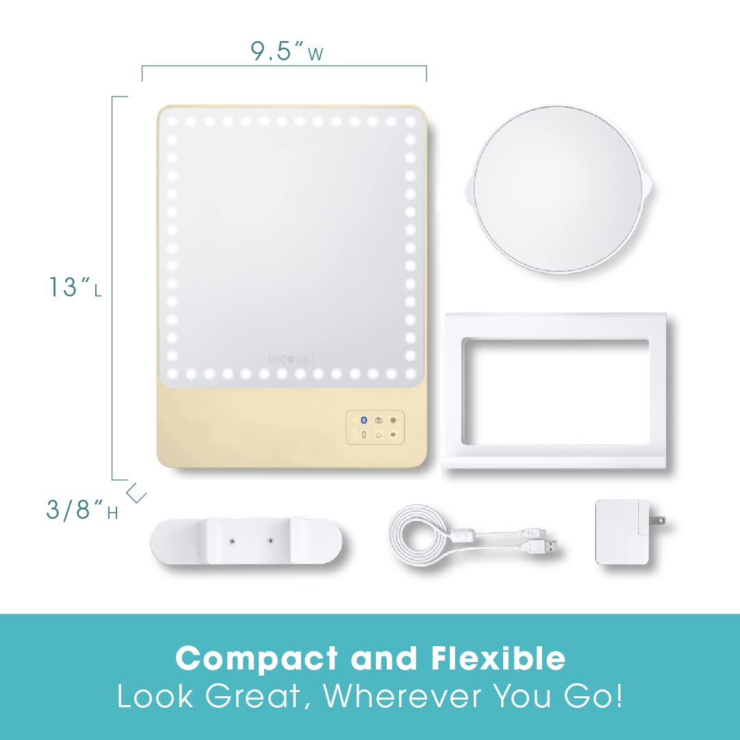 Glamcor Riki Skinny Smart Vanity Mirror with HD LEDs, Magnifying Mirror Attachment, Phone Holder and Bluetooth Control (Champagne Gold, 5X Magnification)