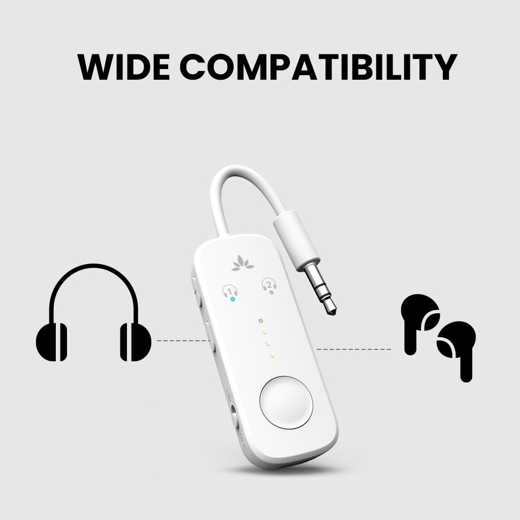 Avantree Relay - Premium Airplane Bluetooth 5.3 Adapter, Supports 2 AirPods or Headphones with aptX-Low Latency - 3.5mm AUX Jack Wireless Audio Transmitter for Planes, Travel, Airline, TV, Gym, Tablet