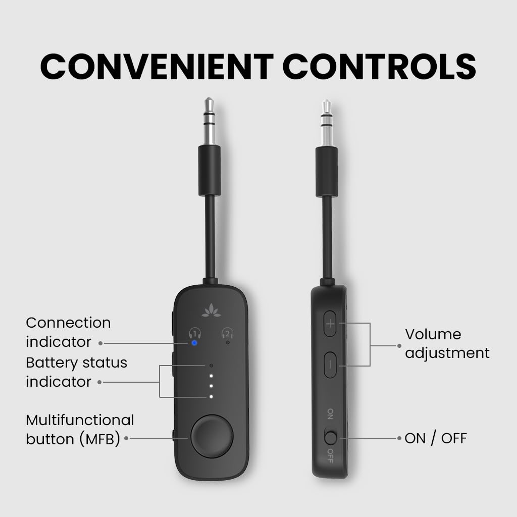 Avantree Relay - Premium Airplane Bluetooth 5.3 Adapter, Supports 2 AirPods or Headphones with aptX-Low Latency - 3.5mm AUX Jack Wireless Audio Transmitter for Planes, Travel, Airline, TV, Gym, Tablet