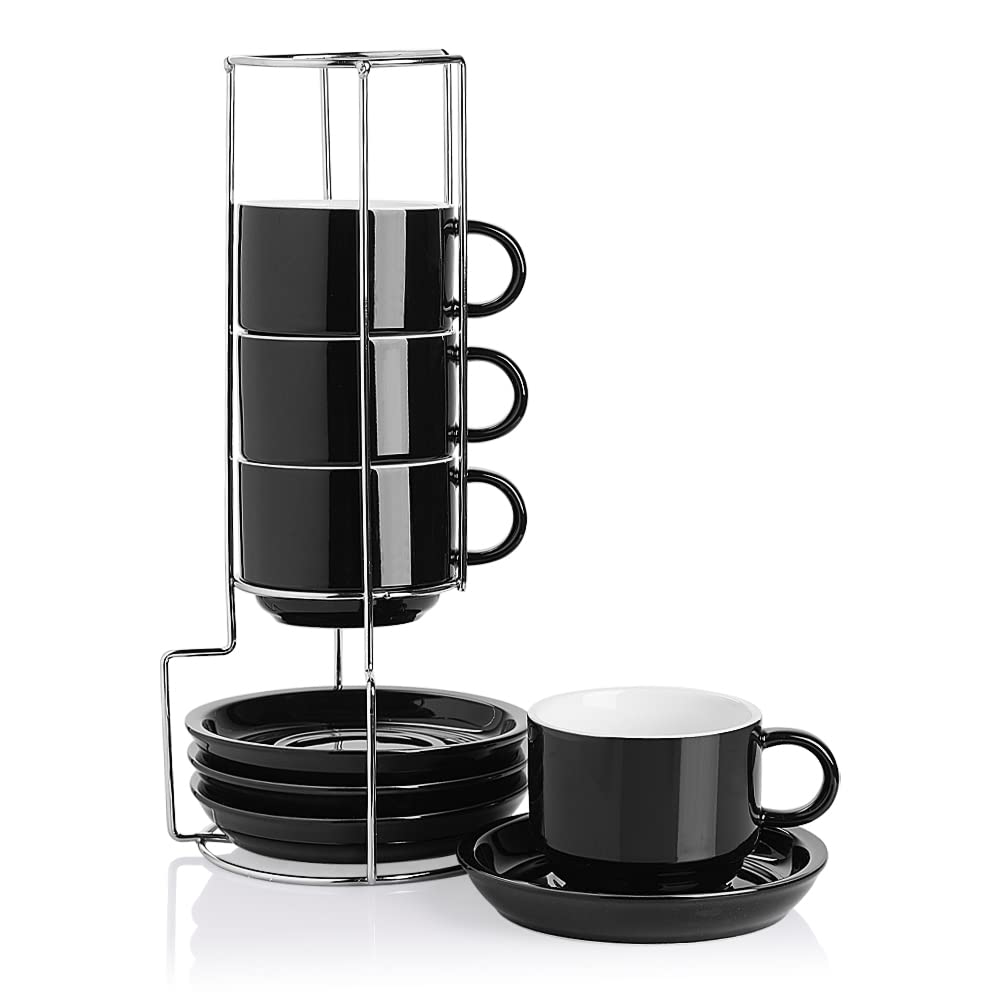 Sweejar Porcelain Espresso Cups with Saucers, 2.5 Ounce Stackable Cappuccino Cups with Metal Stand for Coffee Drinks, Latte, Tea - Set of 4 (Black)