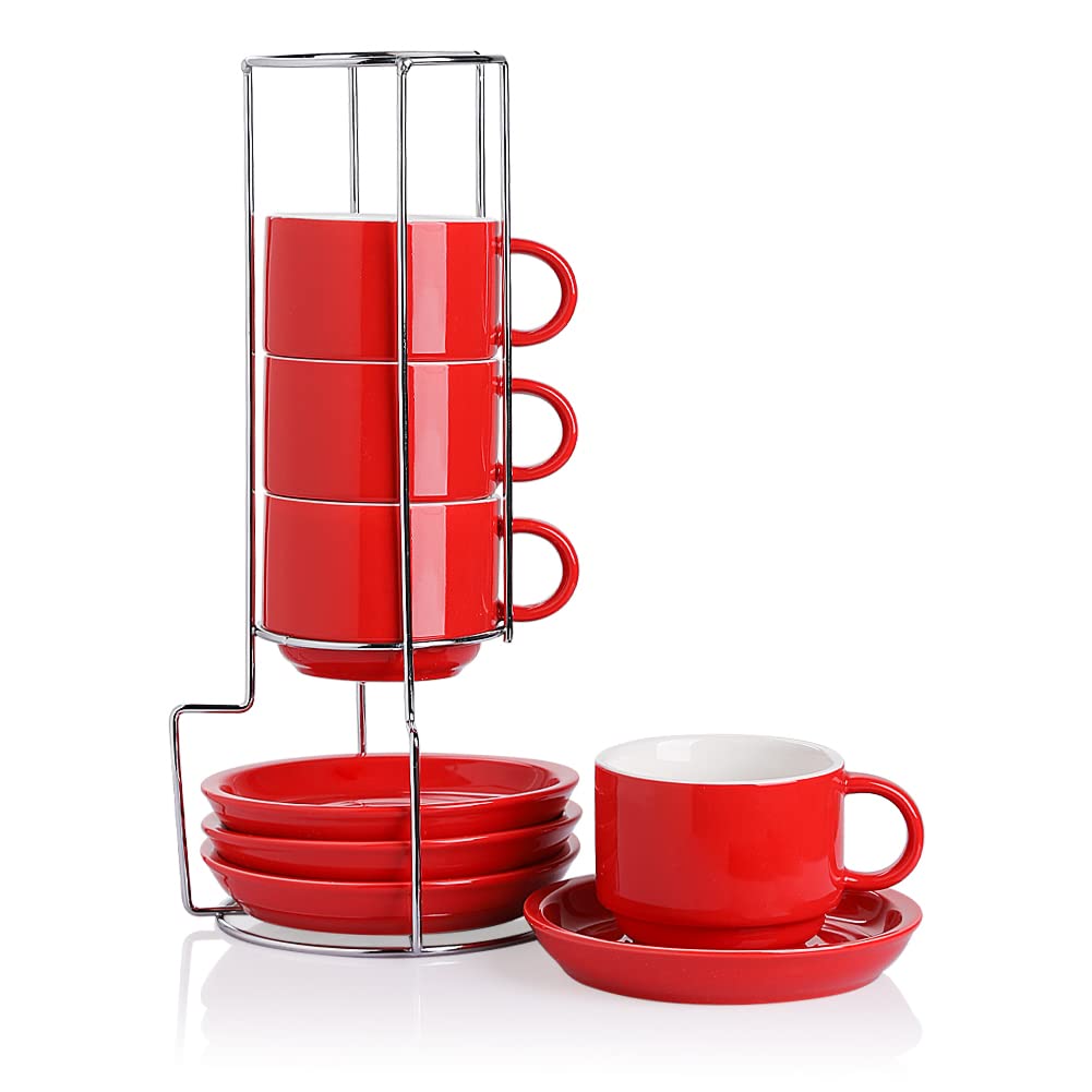 Sweejar Porcelain Espresso Cups with Saucers, 2.5 Ounce Stackable Cappuccino Cups with Metal Stand for Coffee Drinks, Latte, Tea - Set of 4 (Black)
