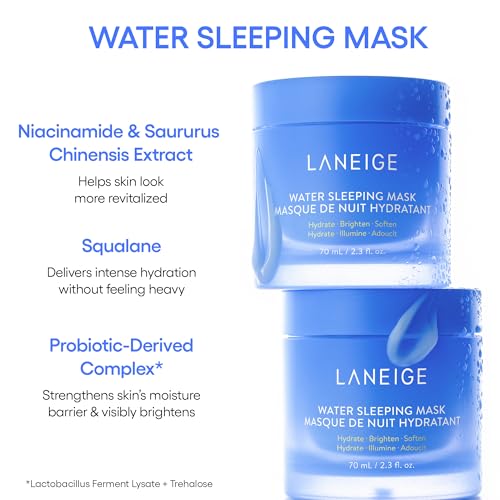 LANEIGE Icons To Go & Besties Set: Water Bank Cream, Cream Skin, Water Sleeping Mask, Lip Sleeping Mask, Hyaluronic Acid, Squalane, Coconut Oil, Vitamin C, Travel Friendly