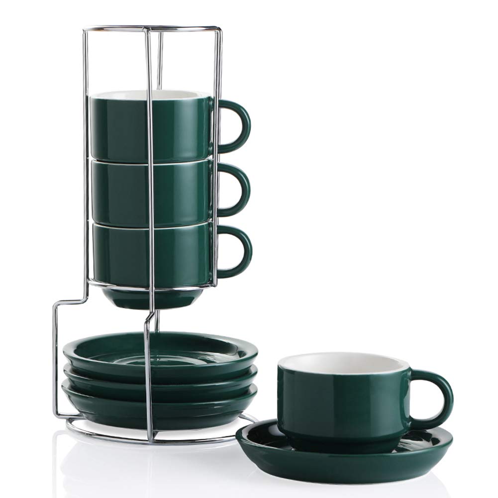 Sweejar Porcelain Espresso Cups with Saucers, 2.5 Ounce Stackable Cappuccino Cups with Metal Stand for Coffee Drinks, Latte, Tea - Set of 4 (Black)