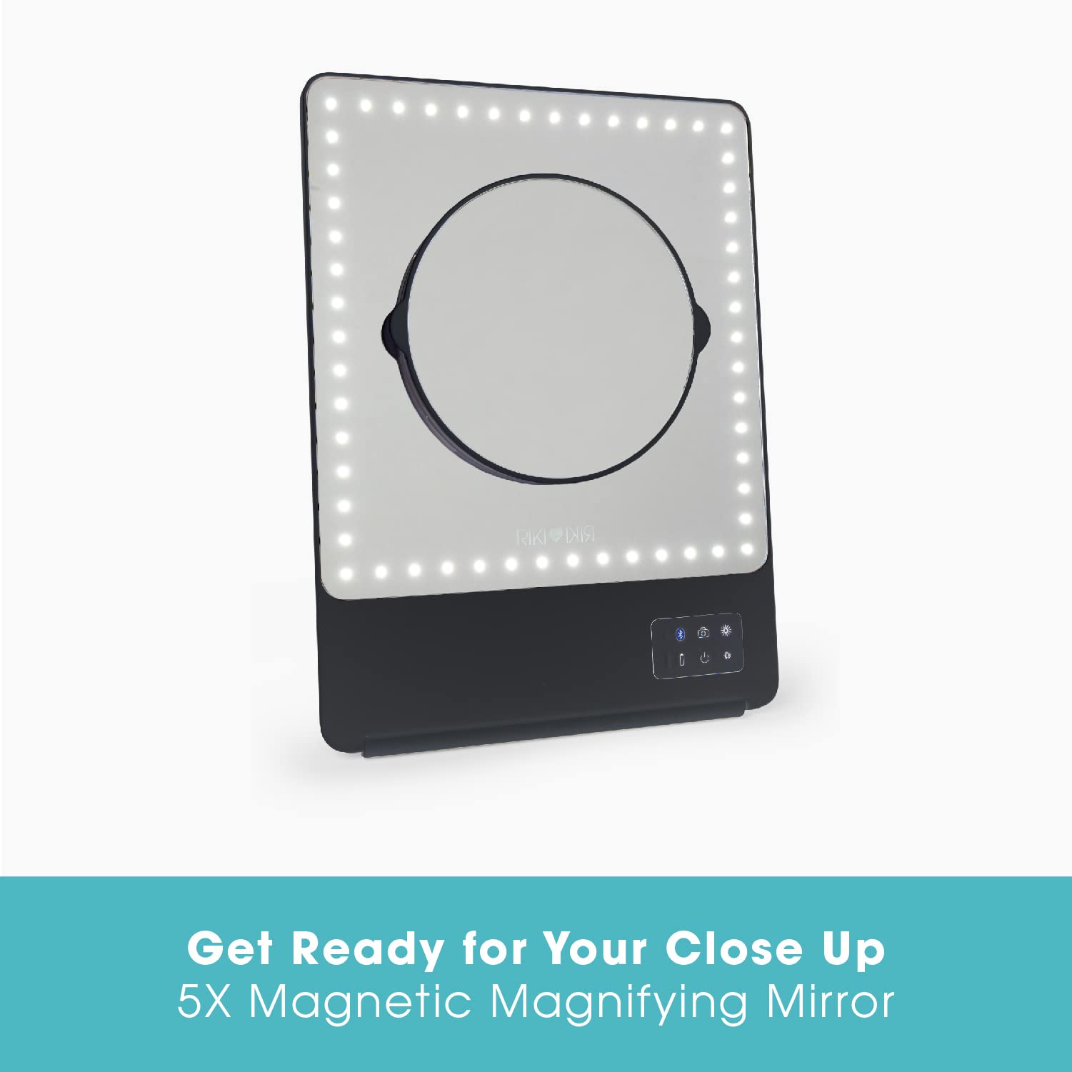 Glamcor Riki Skinny Smart Vanity Mirror with HD LEDs, Magnifying Mirror Attachment, Phone Holder and Bluetooth Control (Champagne Gold, 5X Magnification)