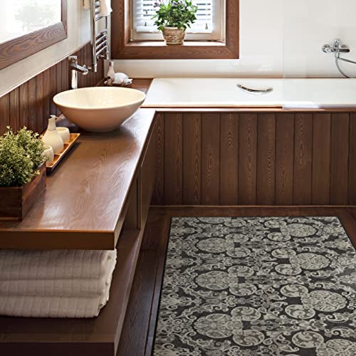 RUGGABLE Disney Traditional Mickey Mouse Washable Rug - Perfect Area Rug for Nursery Playroom Kids Room - Pet & Child Friendly - Stain & Water Resistant - Damask Grey 3&