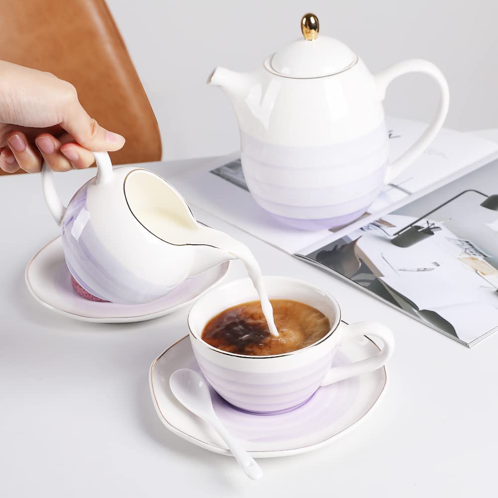 Sweejar Porcelain Tea Sets, 8 OZ Cups & Saucer Service for 4, Teapot Sugar Bowl Cream Pitcher Teaspoons and Tea Strainer for Adult Tea Coffee Afternoon Party(Blue)