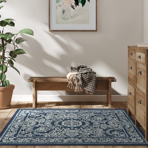 RUGGABLE Washable 2x3 Area Rug, Delphina Delft Blue, Premium Vintage Rugs for Living Room, Bedroom, Kitchen, Office, Classroom with Gripper Non Slip Pad