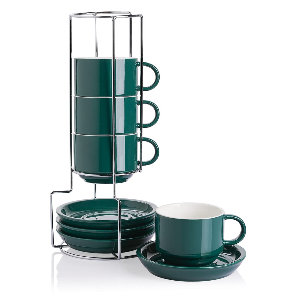 Sweejar Porcelain Espresso Cups with Saucers, 2.5 Ounce Stackable Cappuccino Cups with Metal Stand for Coffee Drinks, Latte, Tea - Set of 4 (Black)