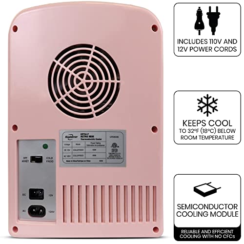 Koolatron Retro Mini Portable Fridge, 4L Compact Refrigerator for Skincare, Beauty Serum, Face Mask, Personal Cooler, Includes 12V Car Adapter, Desktop Accessory for Home Office Dorm Travel, Pink
