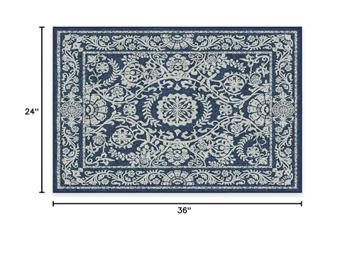 RUGGABLE Washable 2x3 Area Rug, Delphina Delft Blue, Premium Vintage Rugs for Living Room, Bedroom, Kitchen, Office, Classroom with Gripper Non Slip Pad
