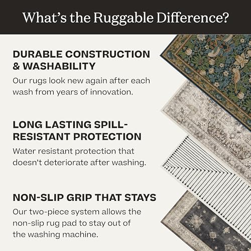 RUGGABLE Zinnia Runner Rug - Perfect Boho Washable Rug for Entryway Hallway Kitchen - Pet & Child Friendly - Stain & Water Resistant - Grey 2.5&