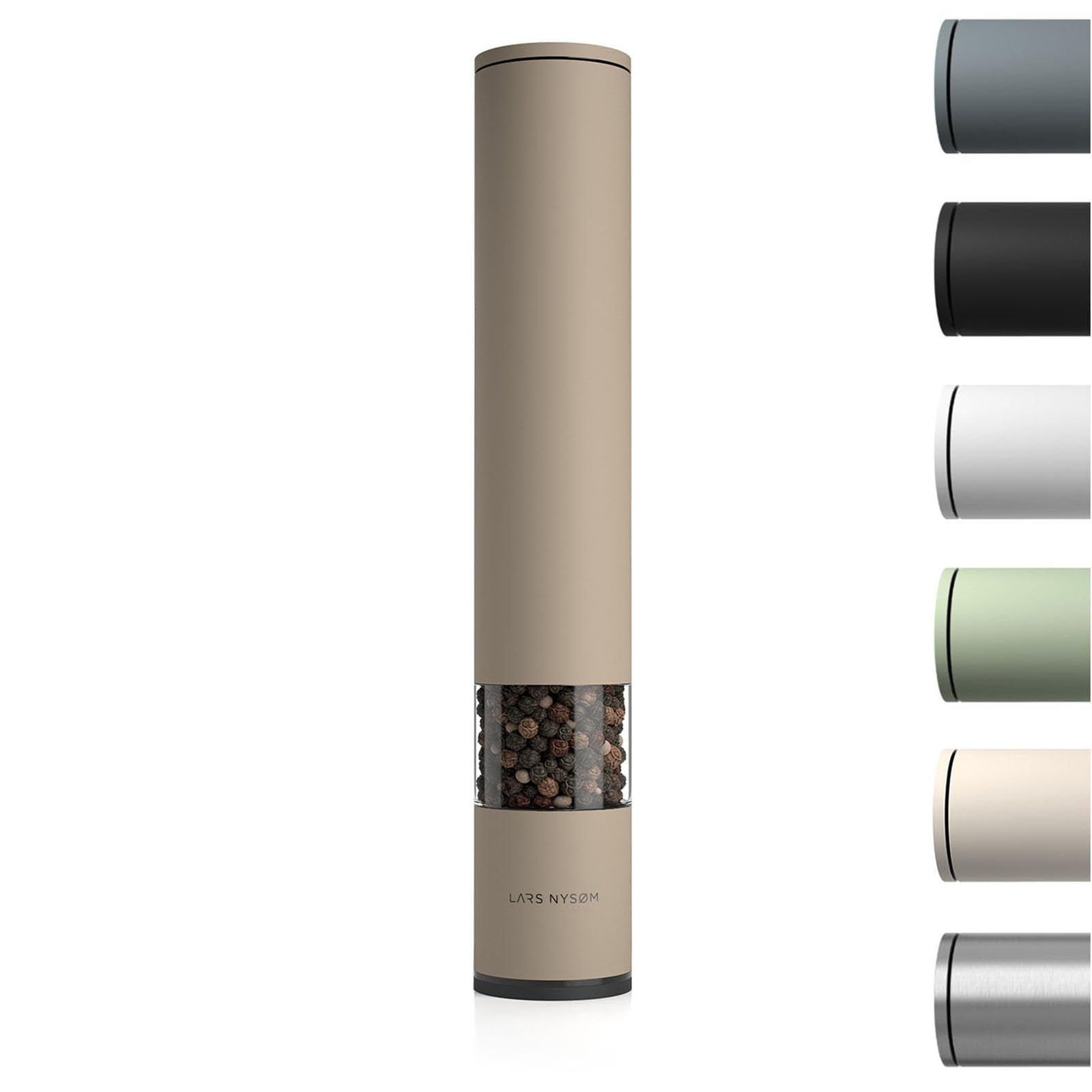 LARS NYSØM Salt and Pepper Mills Set Stainless Steel with Adjustable Ceramic Grinder 2 Pieces I Design Spice Mills Set Manual (Brown/Beige)