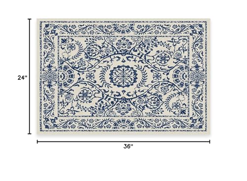 RUGGABLE Washable 2x3 Area Rug, Delphina Delft Blue, Premium Vintage Rugs for Living Room, Bedroom, Kitchen, Office, Classroom with Gripper Non Slip Pad