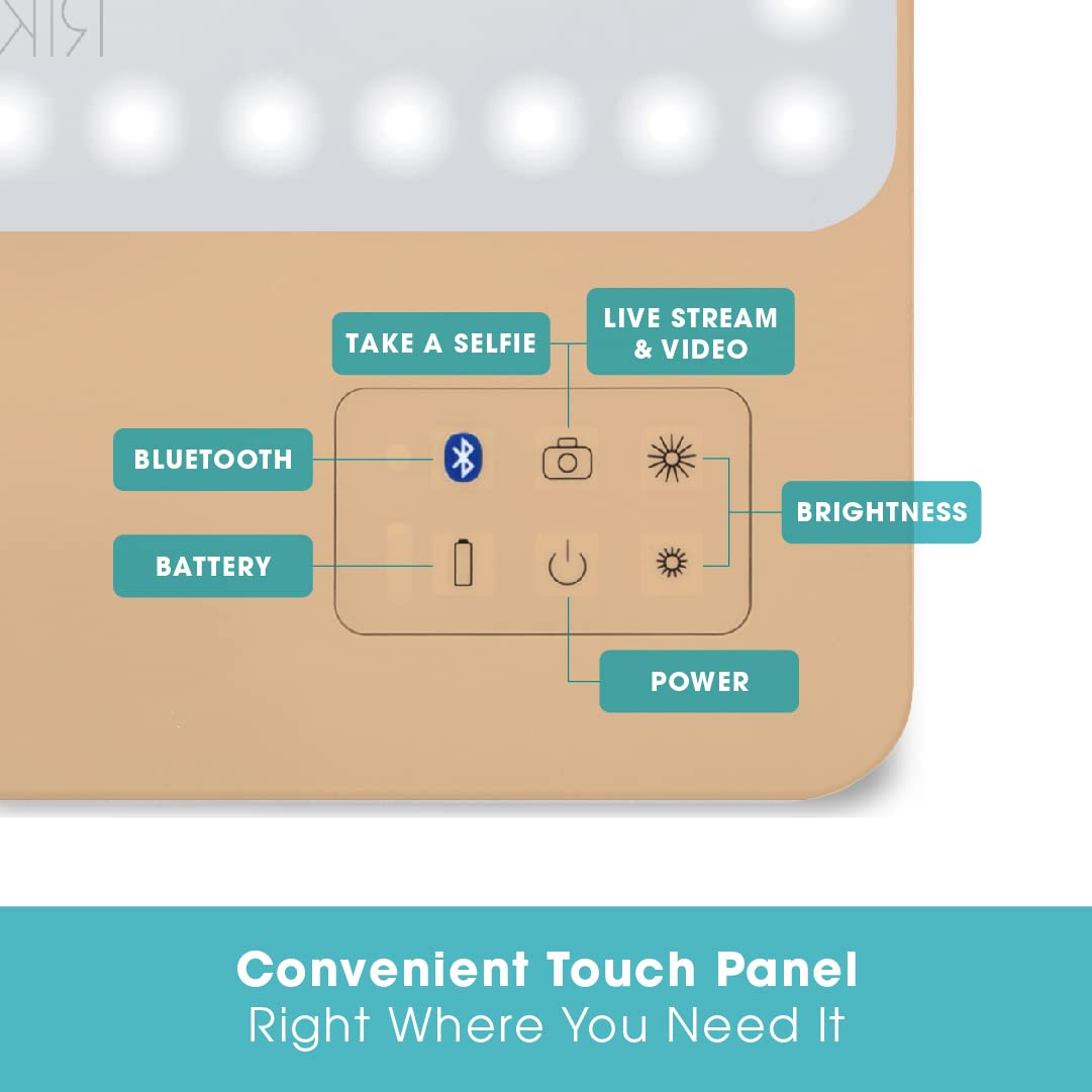 Glamcor Riki Skinny Smart Vanity Mirror with HD LEDs, Magnifying Mirror Attachment, Phone Holder and Bluetooth Control (Champagne Gold, 5X Magnification)