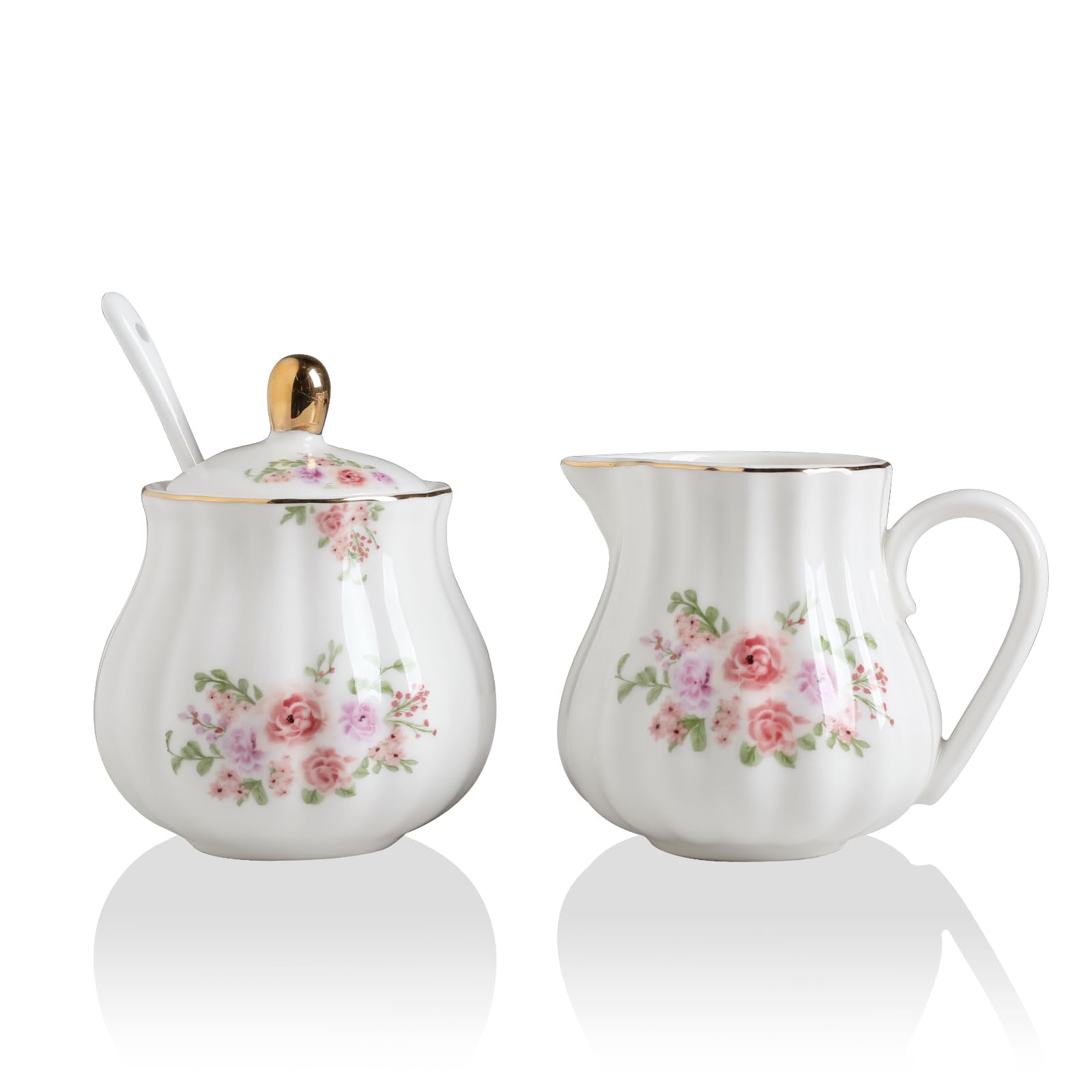 Sweejar Royal Ceramic Sugar and Creamer Set, 3 Piece Set with Cream Pitcher, Sugar Bowl, Sugar Set with Lid & Spoon, Coffee Serving Set Wedding Gift(White)