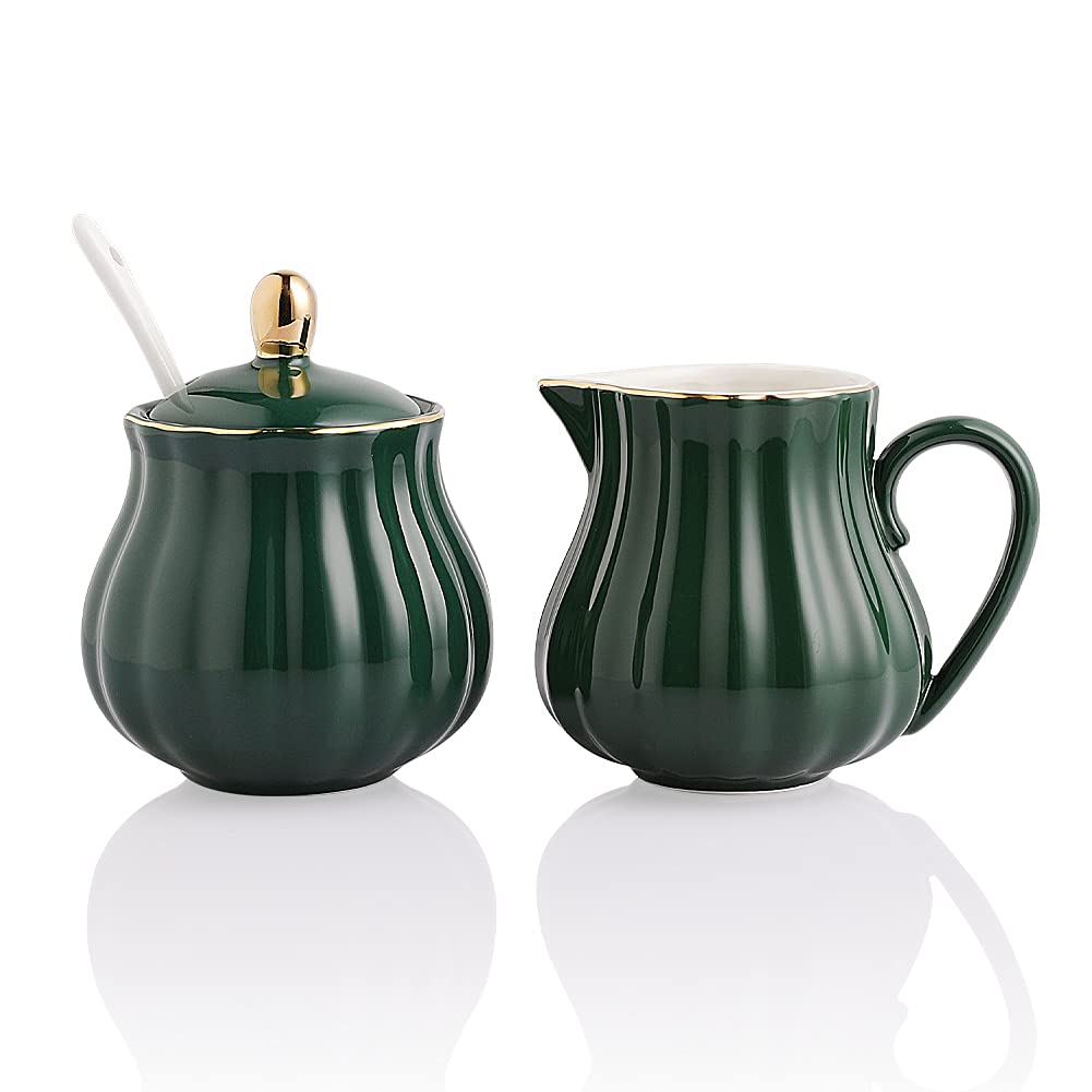 Sweejar Royal Ceramic Sugar and Creamer Set, 3 Piece Set with Cream Pitcher, Sugar Bowl, Sugar Set with Lid & Spoon, Coffee Serving Set Wedding Gift(White)