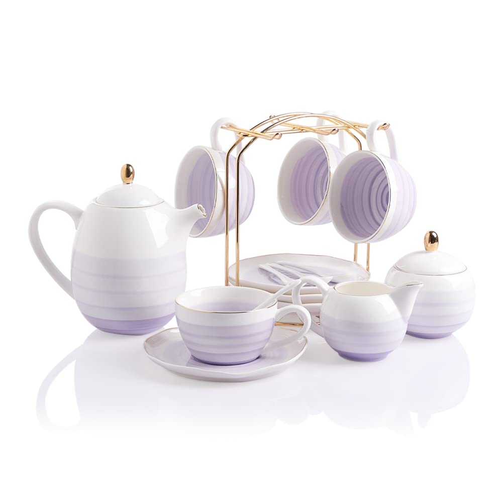 Sweejar Porcelain Tea Sets, 8 OZ Cups & Saucer Service for 4, Teapot Sugar Bowl Cream Pitcher Teaspoons and Tea Strainer for Adult Tea Coffee Afternoon Party(Blue)