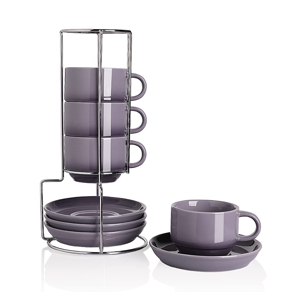 Sweejar Porcelain Espresso Cups with Saucers, 2.5 Ounce Stackable Cappuccino Cups with Metal Stand for Coffee Drinks, Latte, Tea - Set of 4 (Black)