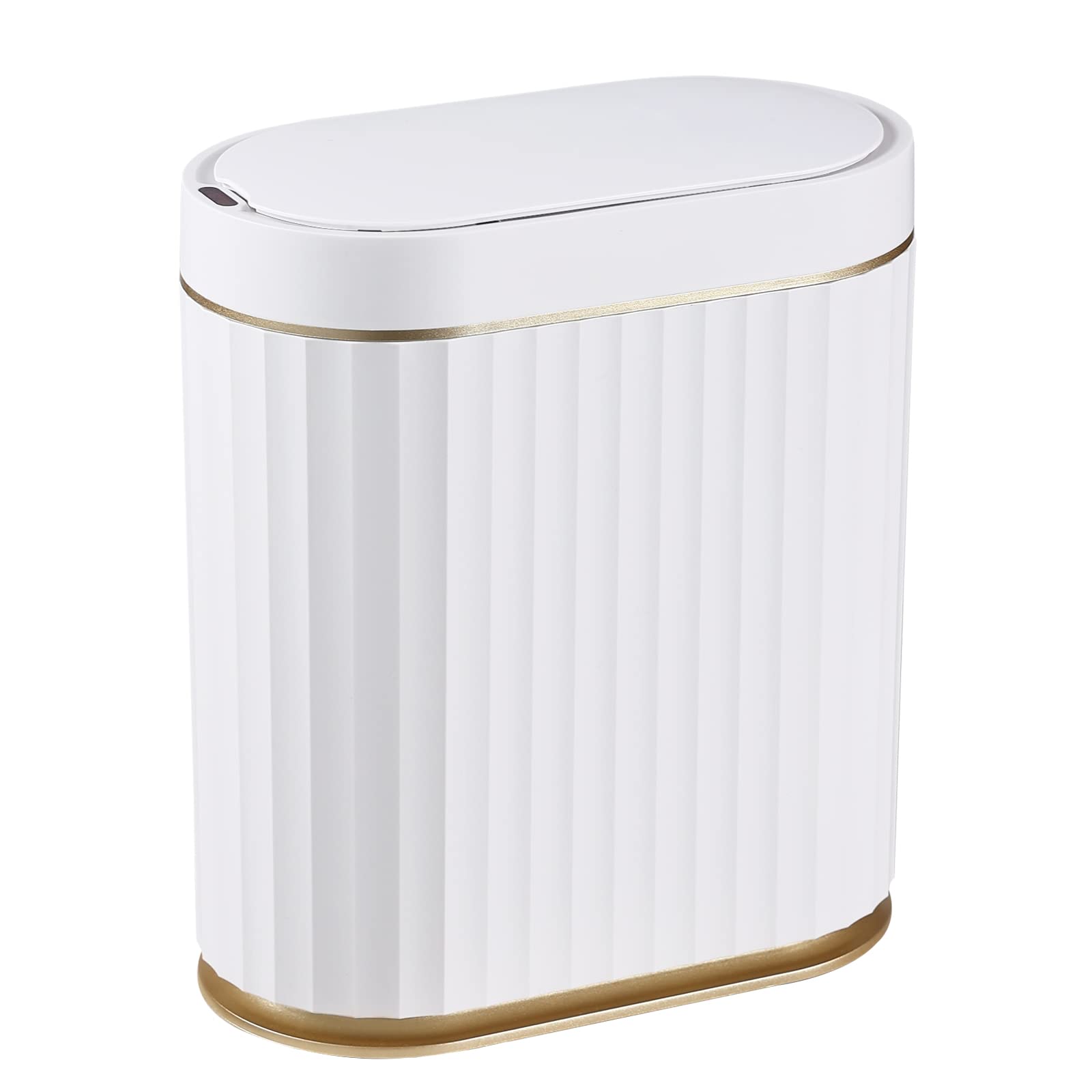 ELPHECO Mini Desktop Trash Can with Lid, Small Slim Automatic Garbage Can, 1.3 Gallon Motion Sensor Countertop Waste Basket for Bedroom, Office, Bathroom, White with Grey Trim