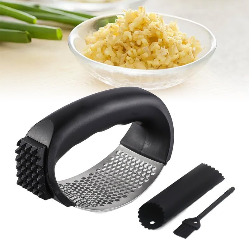 Upgraded Garlic Press Rocker, 2024 New Stainless Steel Garlic Presser, Garlic Mincer Crusher Masher with Peeler and Cleaning Brush, Garlic Chopper for Smash Garlic Kitchen Gadgets Tools (Pink)